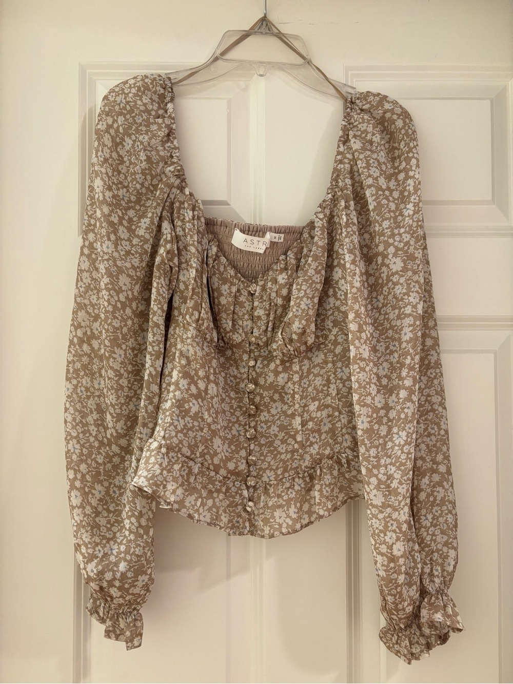 Astr Beige Floral Ruffle Button-Front Blouse